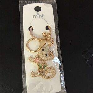 Mint Gold Cat Keychain with Floral Details